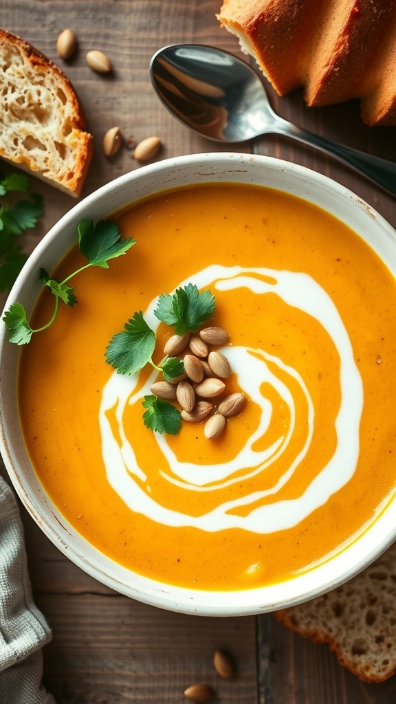 A bowl of curried butternut squash soup garnished with coconut cream, pumpkin seeds, and cilantro on a wooden table with bread.
